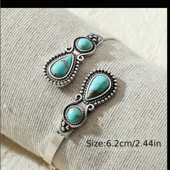 Boho Silver Wrap Cuff Bracelet with Turquoise Stone Accents - Picture 3 of 5